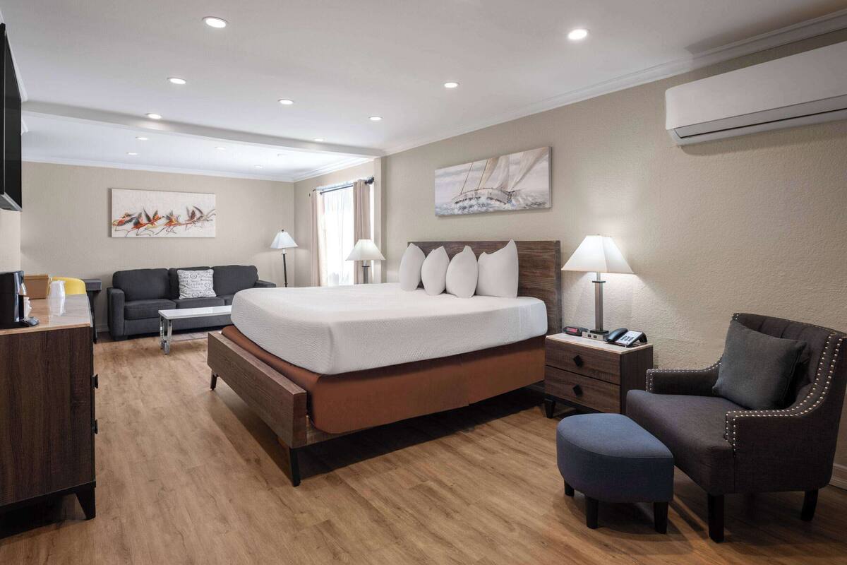 A hotel room with a large bed, a desk, a chair, and a sofa.