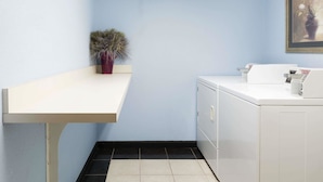 A laundry room with a white washing machine, a small potted plant, and a framed picture on the wall. - Days Inn by Wyndham New Market/I-81 (New Market)