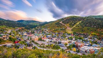 A town with a mix of residential and commercial buildings, surrounded by hills and greenery.