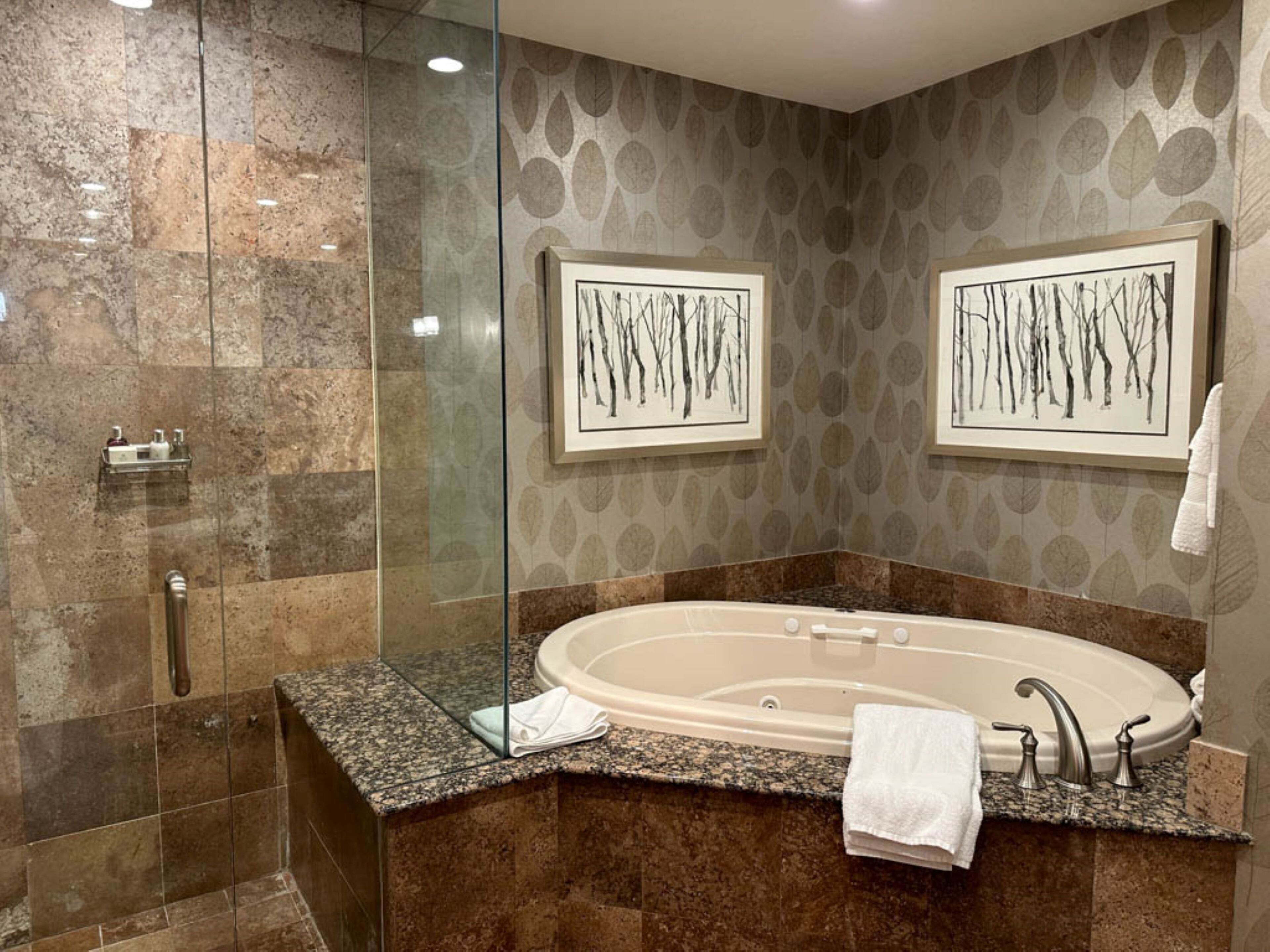 Ein modernes Badezimmer mit einer freistehenden Badewanne, einer Duschkabine aus Glas und zwei gerahmten Wandbildern.
