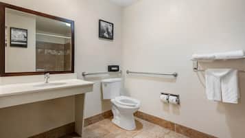 A bathroom with a sink, toilet, and handrails.