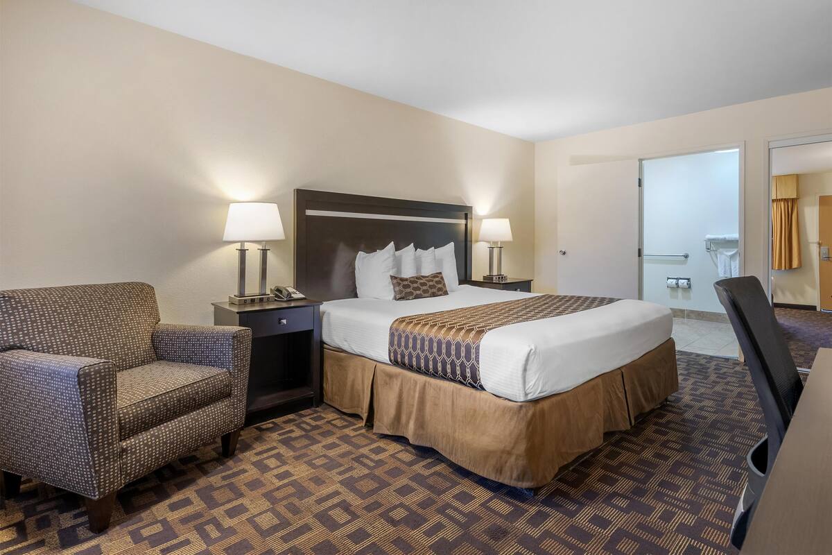 Une chambre d’hôtel avec un grand lit, deux tables de chevet avec des lampes, une chaise et une moquette à motifs.