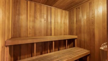 A wooden sauna with two benches.