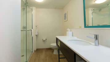 A modern bathroom with a glass shower enclosure, a white sink, and a large mirror.