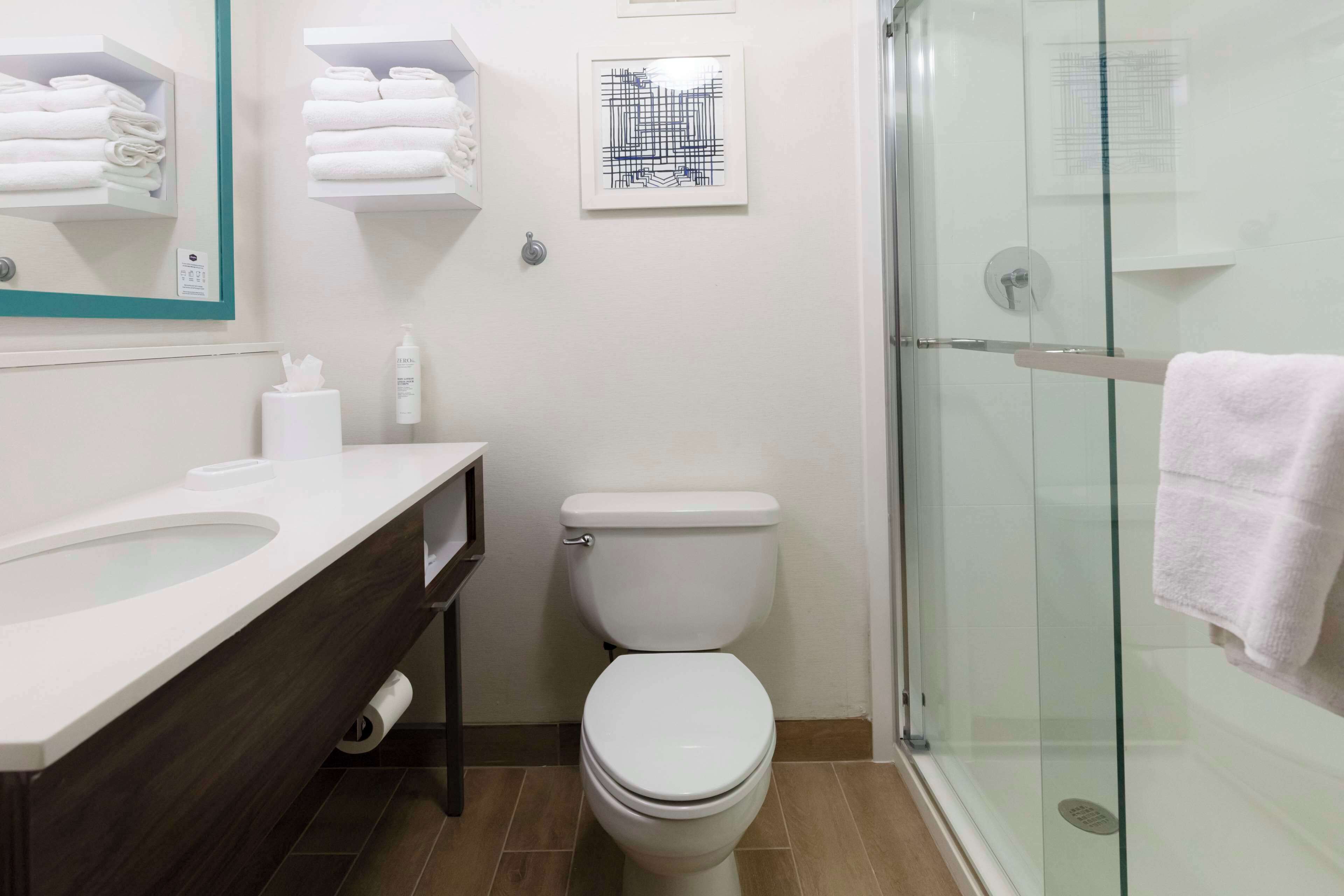 combined shower/bathtub, free toiletries, hair dryer, towels