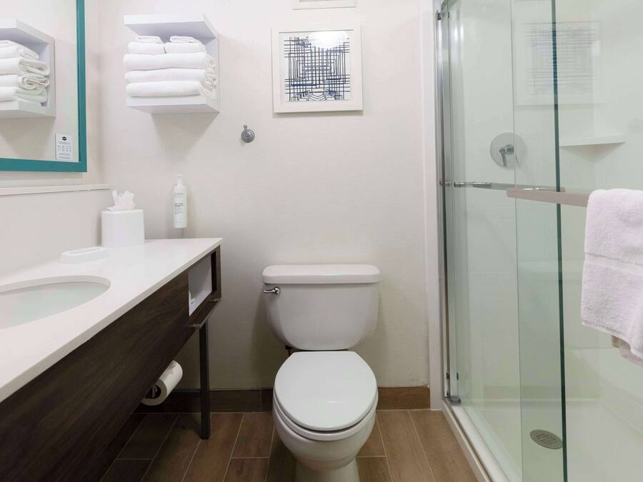 A modern bathroom with a glass shower enclosure, a white toilet, and a vanity with a mirror and towel storage.