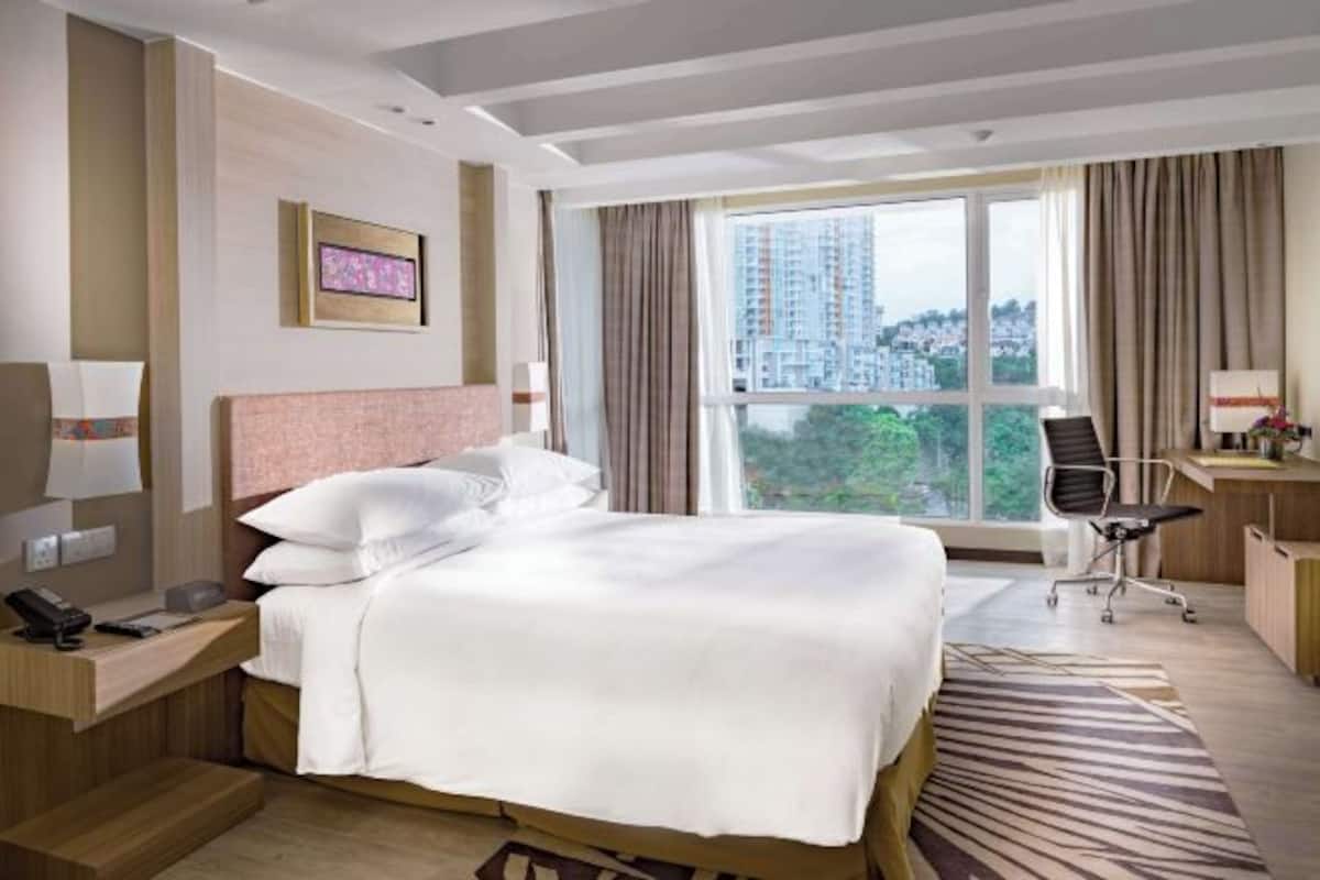 In-room safe, desk, laptop workspace, blackout curtains