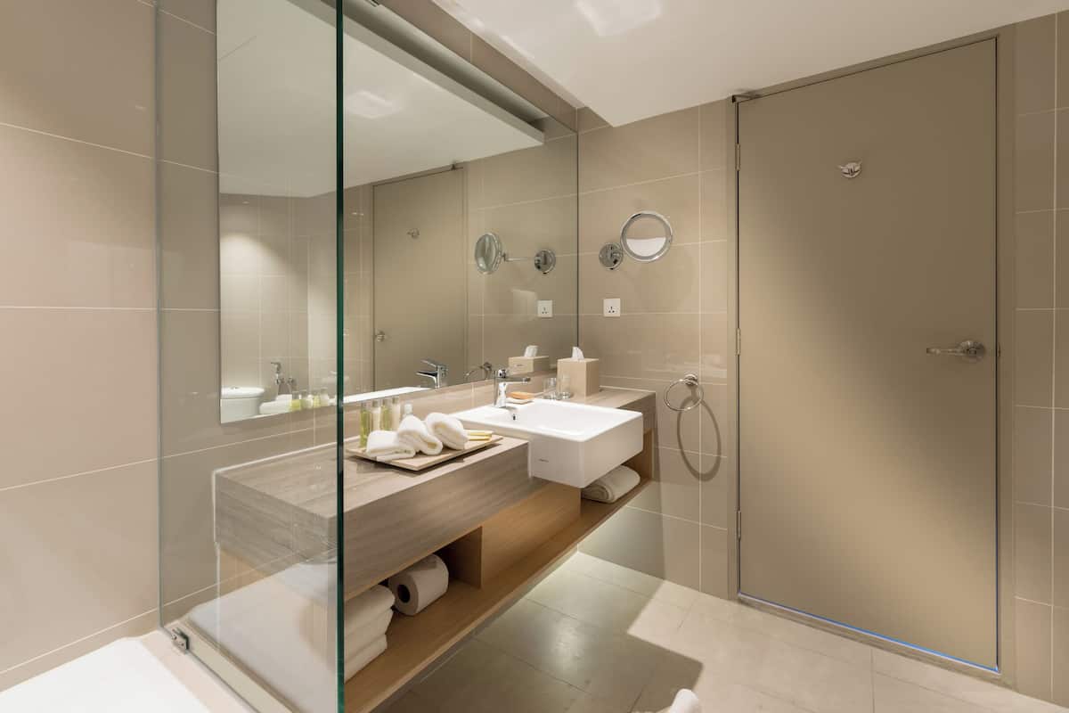 shower, rainfall showerhead, free toiletries, hair dryer