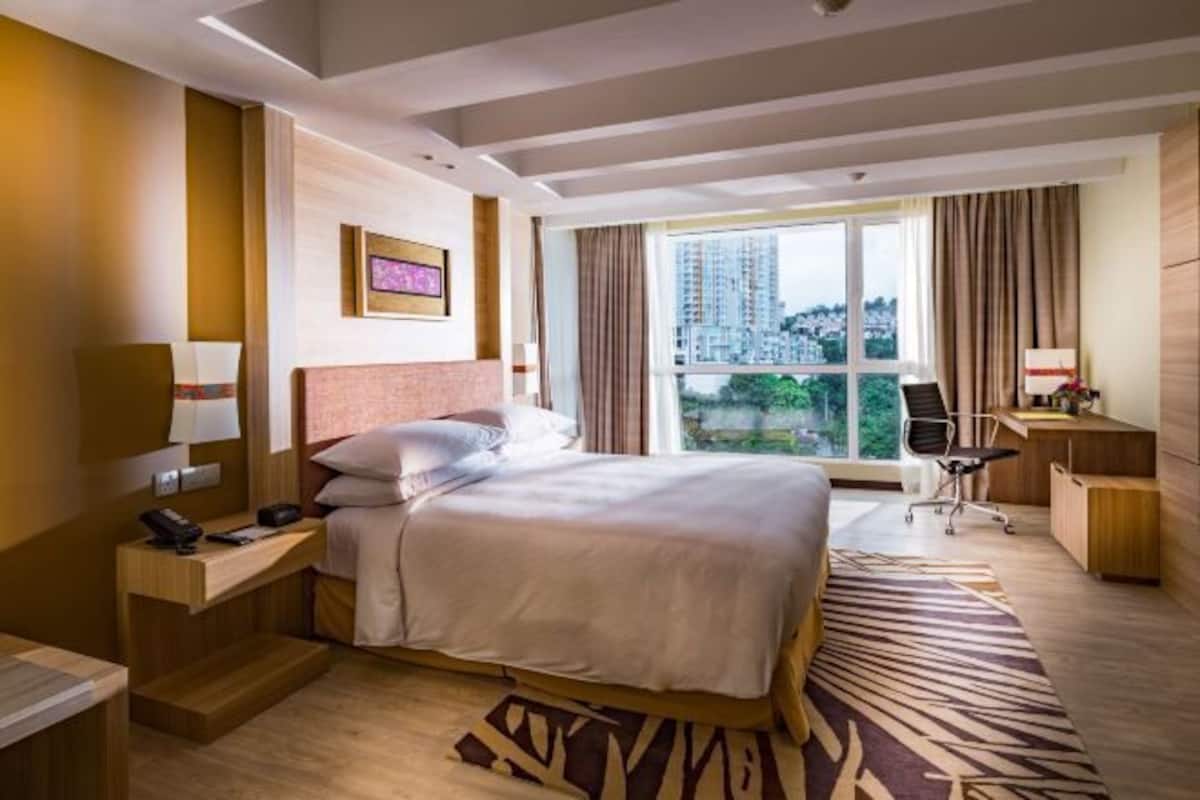 In-room safe, desk, laptop workspace, blackout curtains