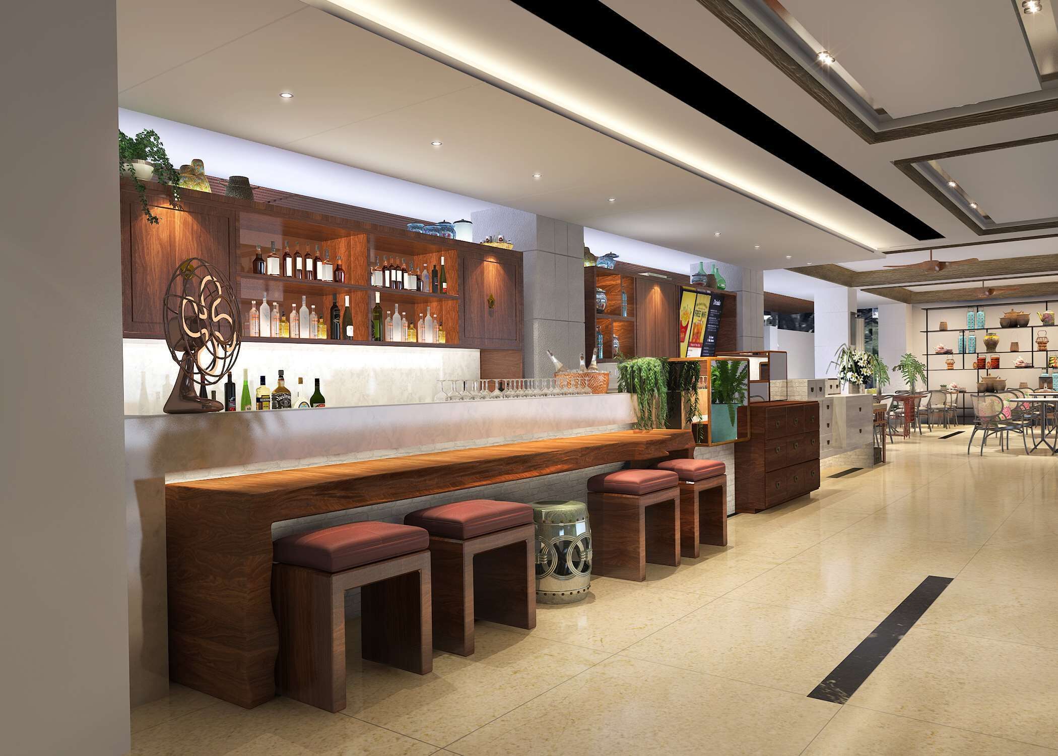 Un área de bar moderna con estantes de madera, taburetes y una variedad de botellas.