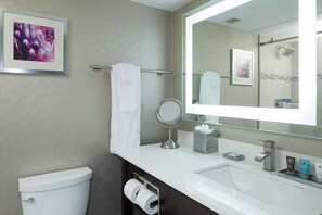 A modern bathroom with a toilet, sink, mirror, and towel rack.