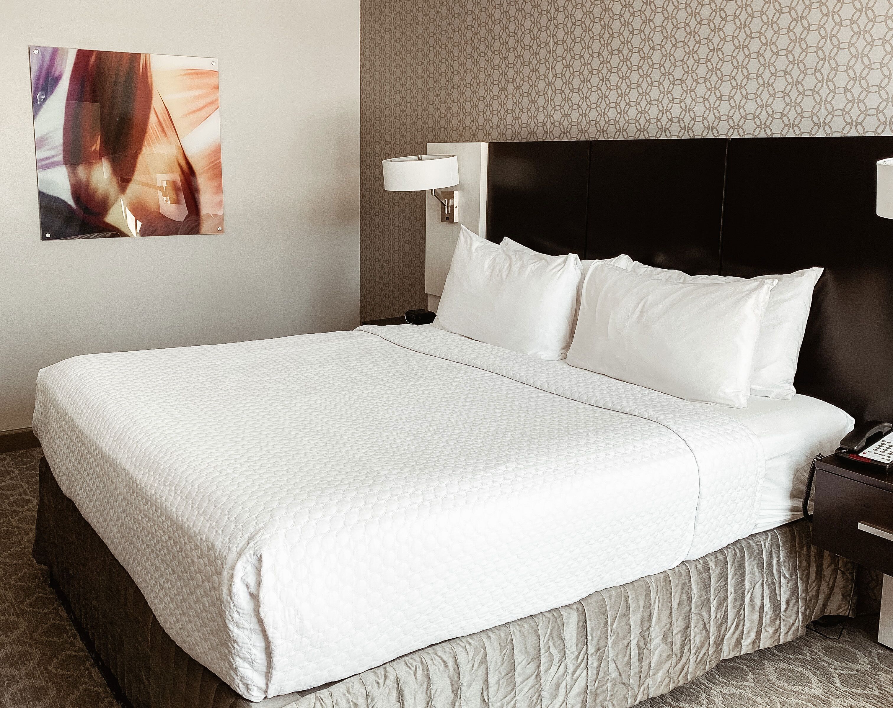 premium bedding, pillow-top beds, desk, blackout curtains