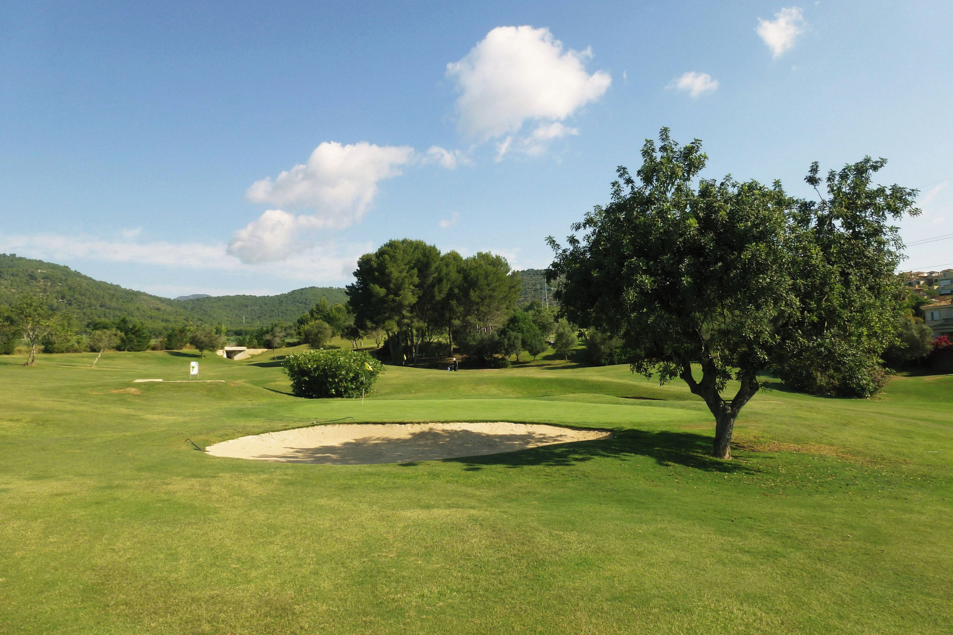 A golf course with a sand bunker, trees, and a clear sky.