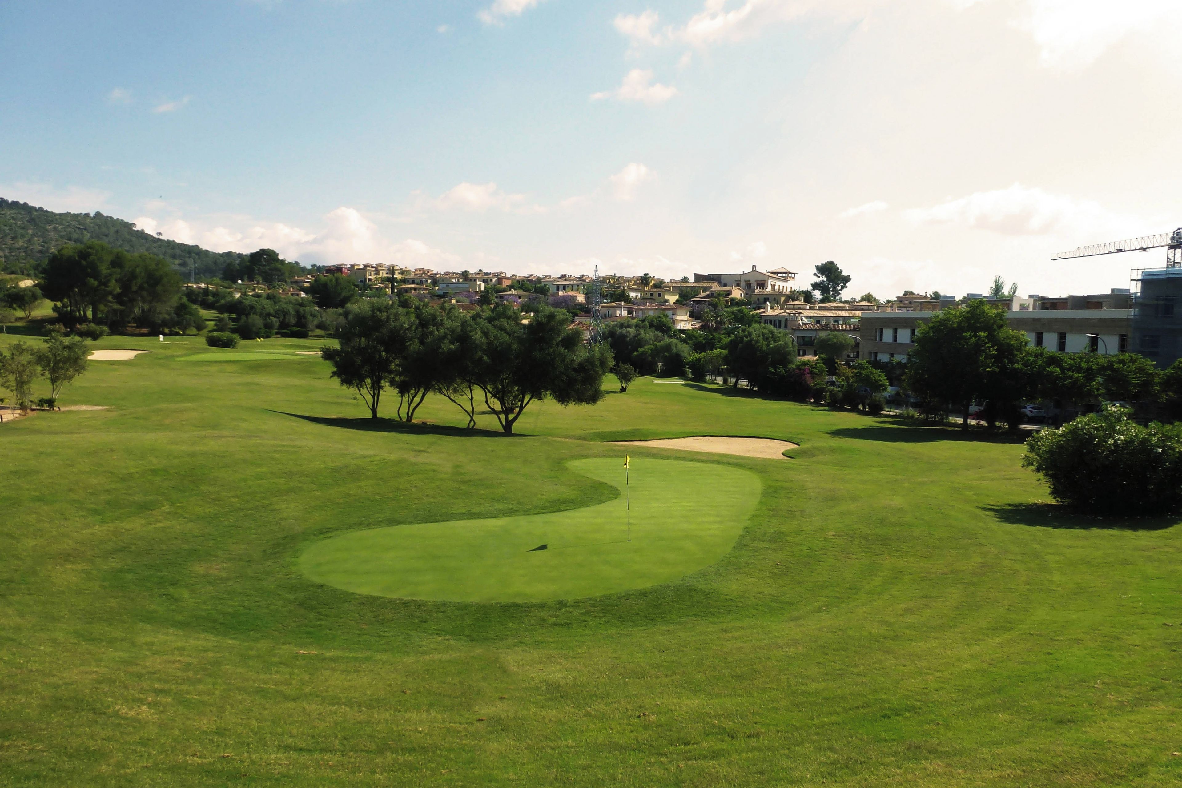 Ein Golfplatz mit einem gepflegten Grün, Sandbunkern und Bäumen.