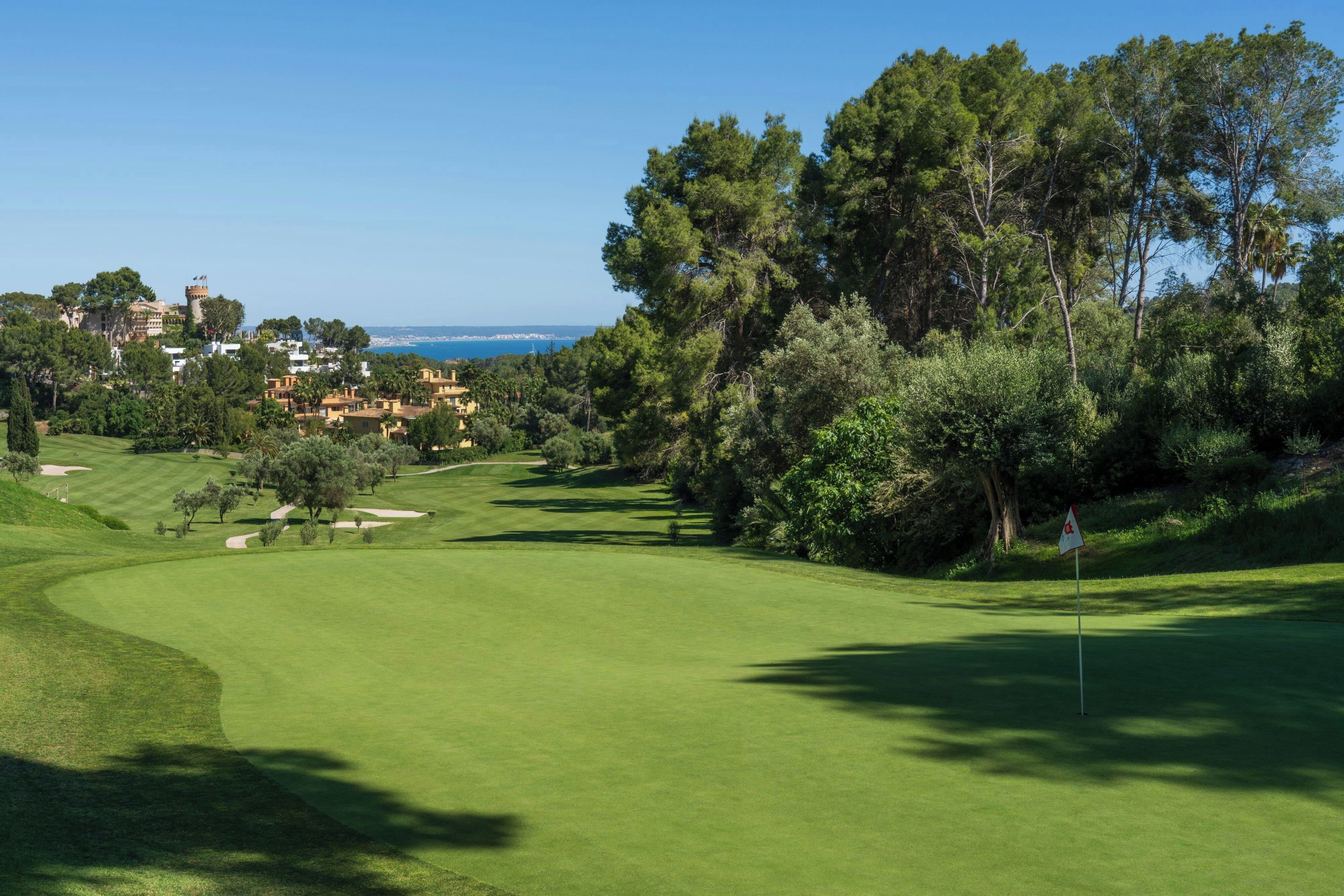 A golf course with a flag, trees, and buildings in the background.
