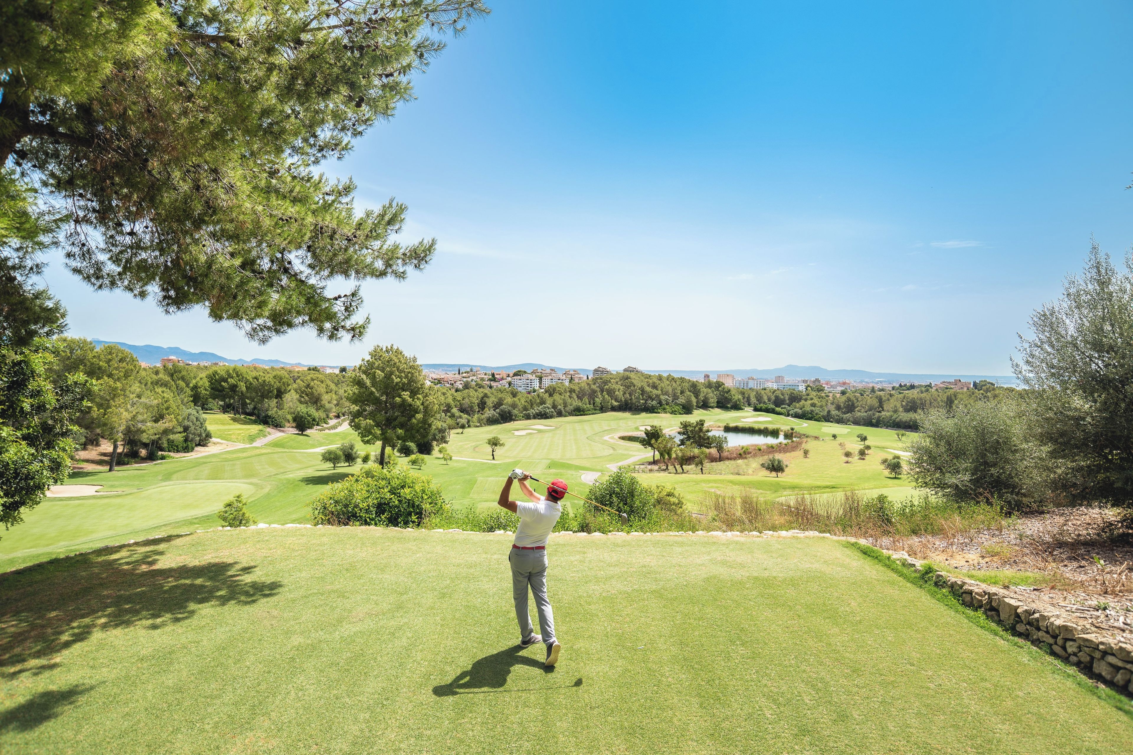Un parcours de golf offrant une vue dégagée sur le paysage, notamment sur les arbres et les bâtiments situés au loin.
