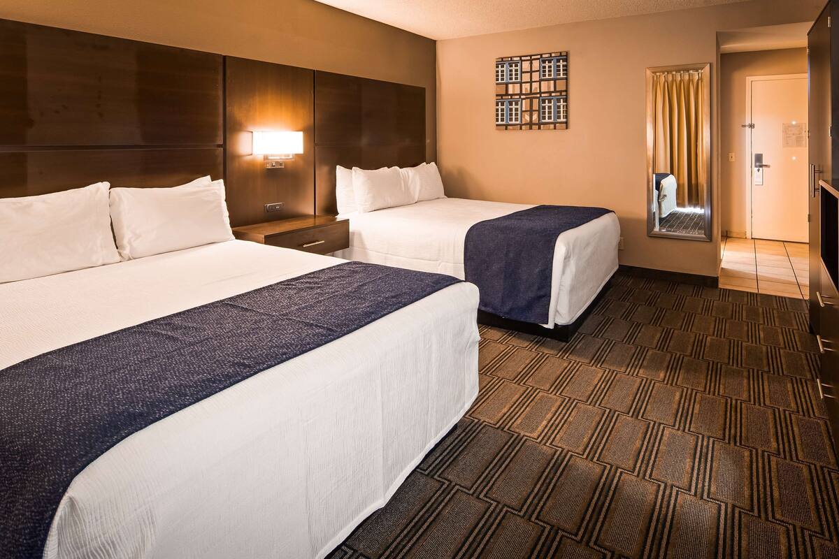 Una habitación de hotel con dos camas, una mesita de noche, un espejo y una televisión.