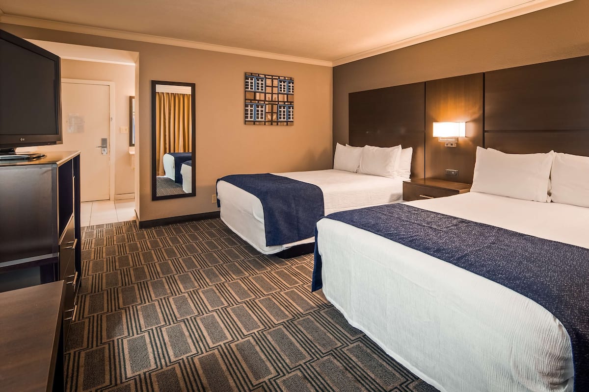 Habitación de hotel con dos camas, televisor, espejo y alfombra estampada.