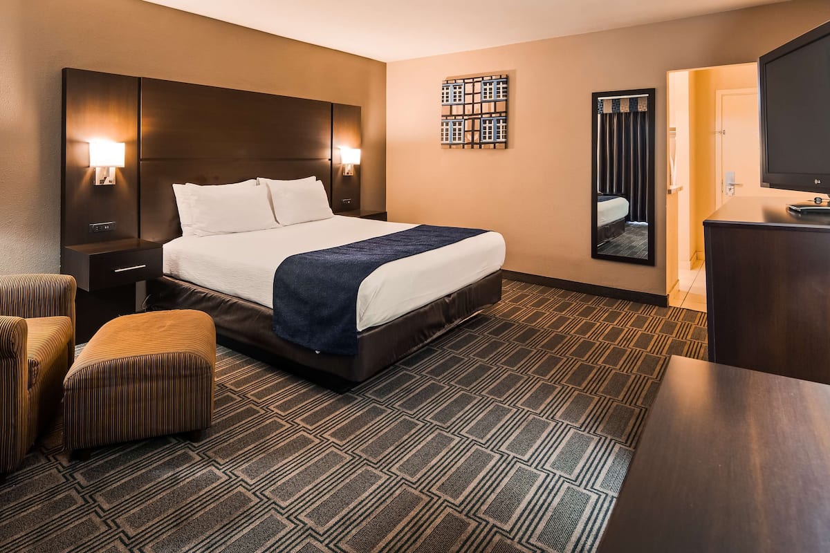 Habitación de hotel con cama, mesita de noche, televisión, zona de estar con sillón y reposapiés, y alfombra estampada.