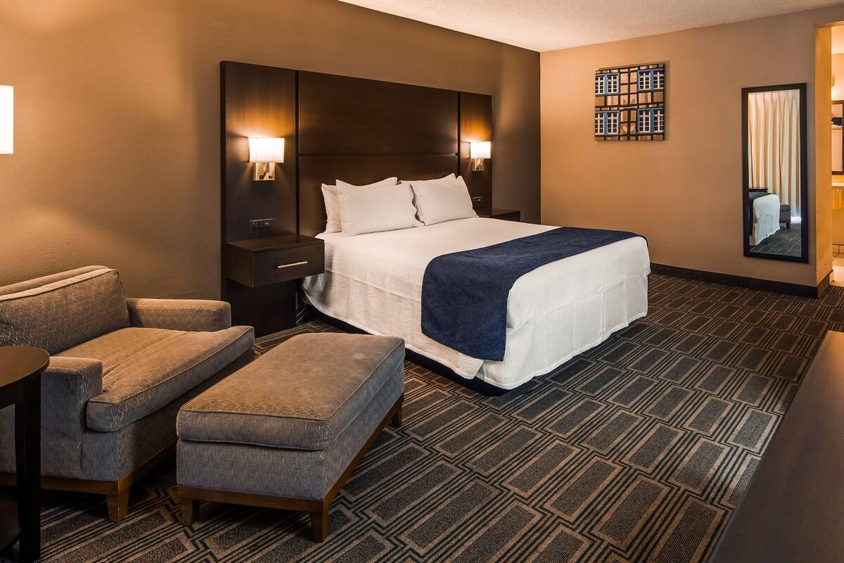 Habitación de hotel con una cama grande, un escritorio, una silla, un reposapiés, un televisor y un espejo.