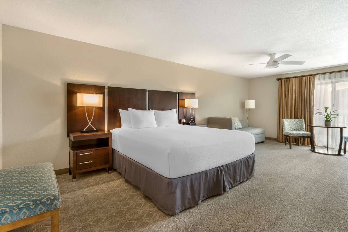 A hotel room with a large bed, bedside tables with lamps, a chair, a small table with a plant, and a ceiling fan.