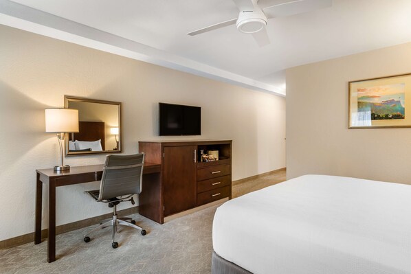 A hotel room with a bed, desk, chair, television, and a ceiling fan.