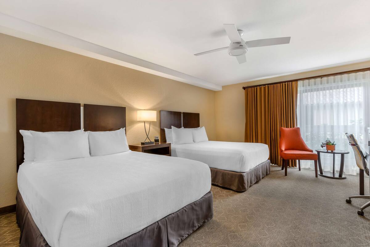 A hotel room with two beds, a ceiling fan, a chair, a small table with a plant, and a large window with curtains.