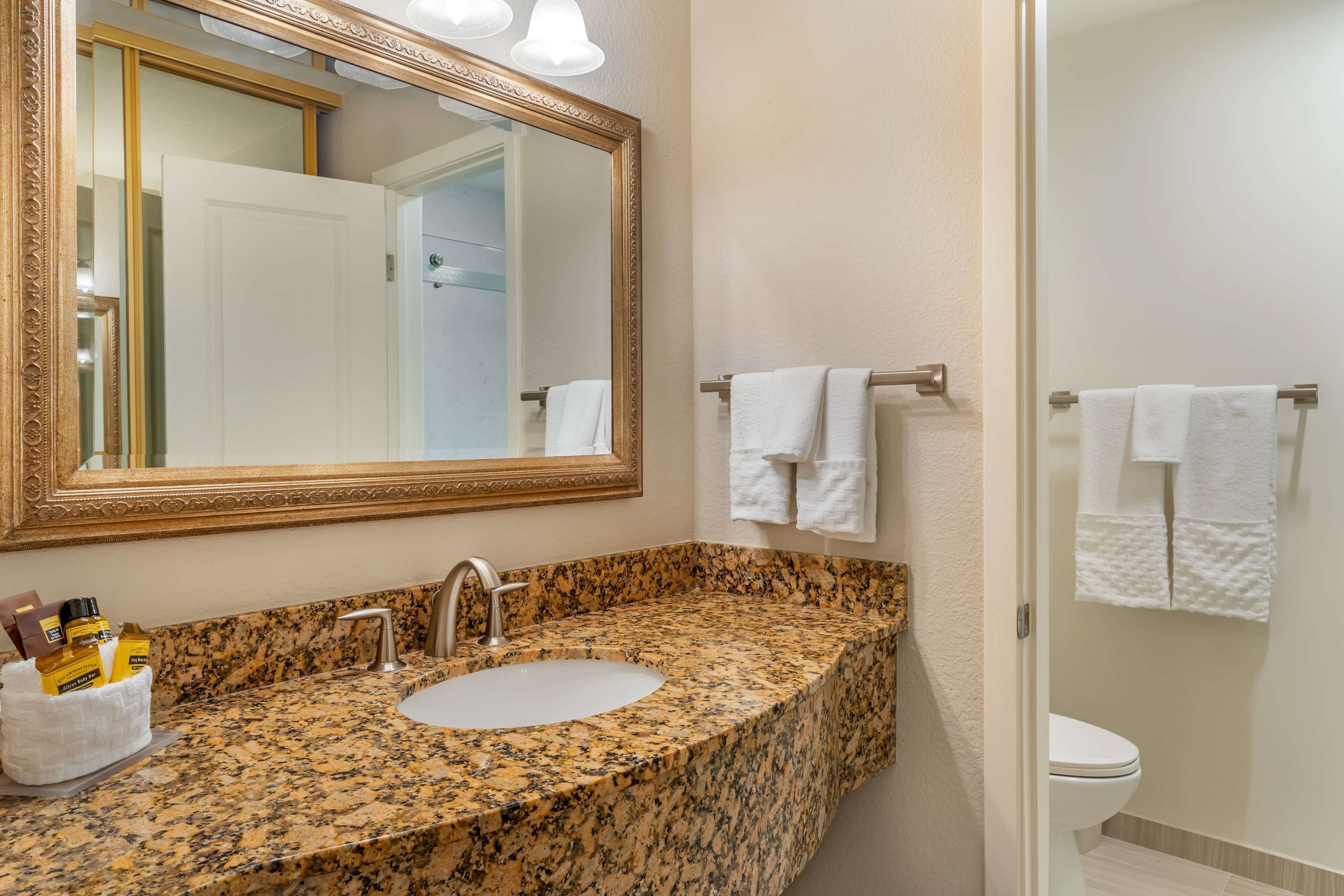 Un baño con lavamanos de encimera de granito, un espejo grande y un perchero con varias toallas.