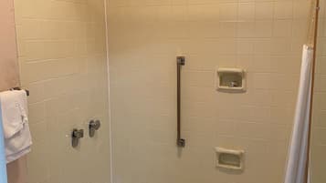 A bathroom with a bathtub, a toilet, and a shower with a grab bar.