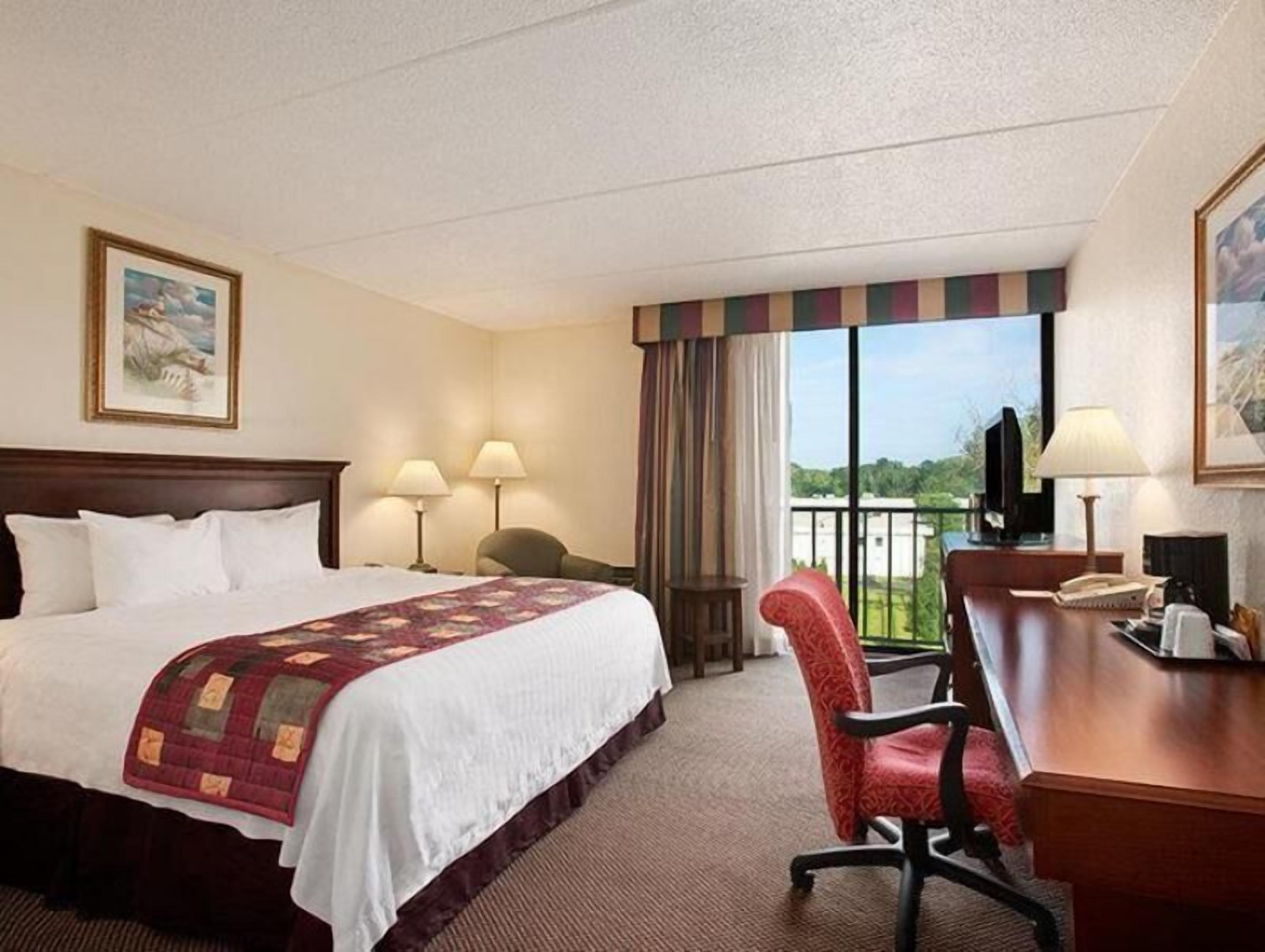 Hypo-allergenic bedding, desk, laptop workspace, blackout drapes