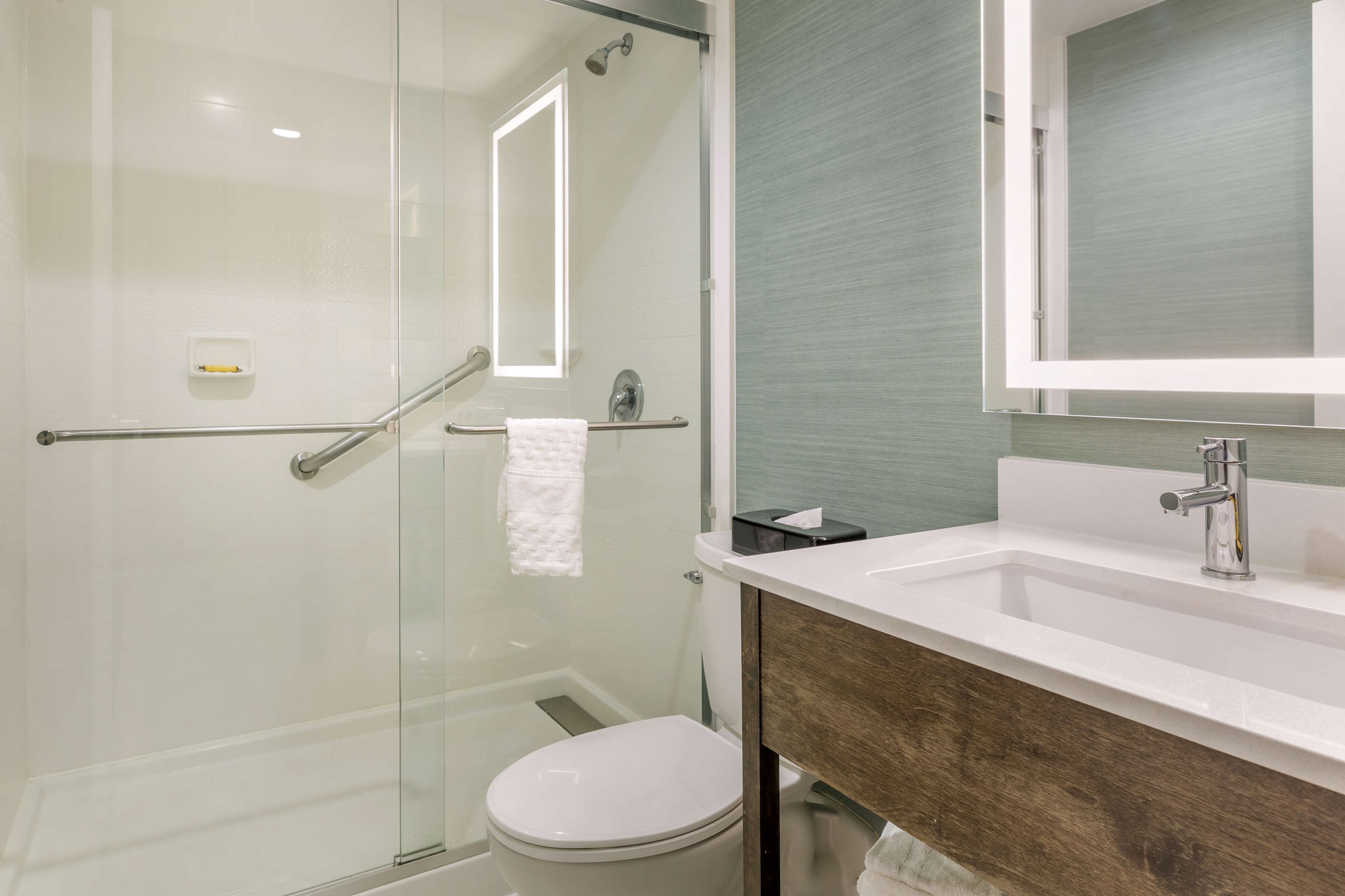 A modern bathroom with a glass shower enclosure, a white toilet, and a wooden vanity with a sink.