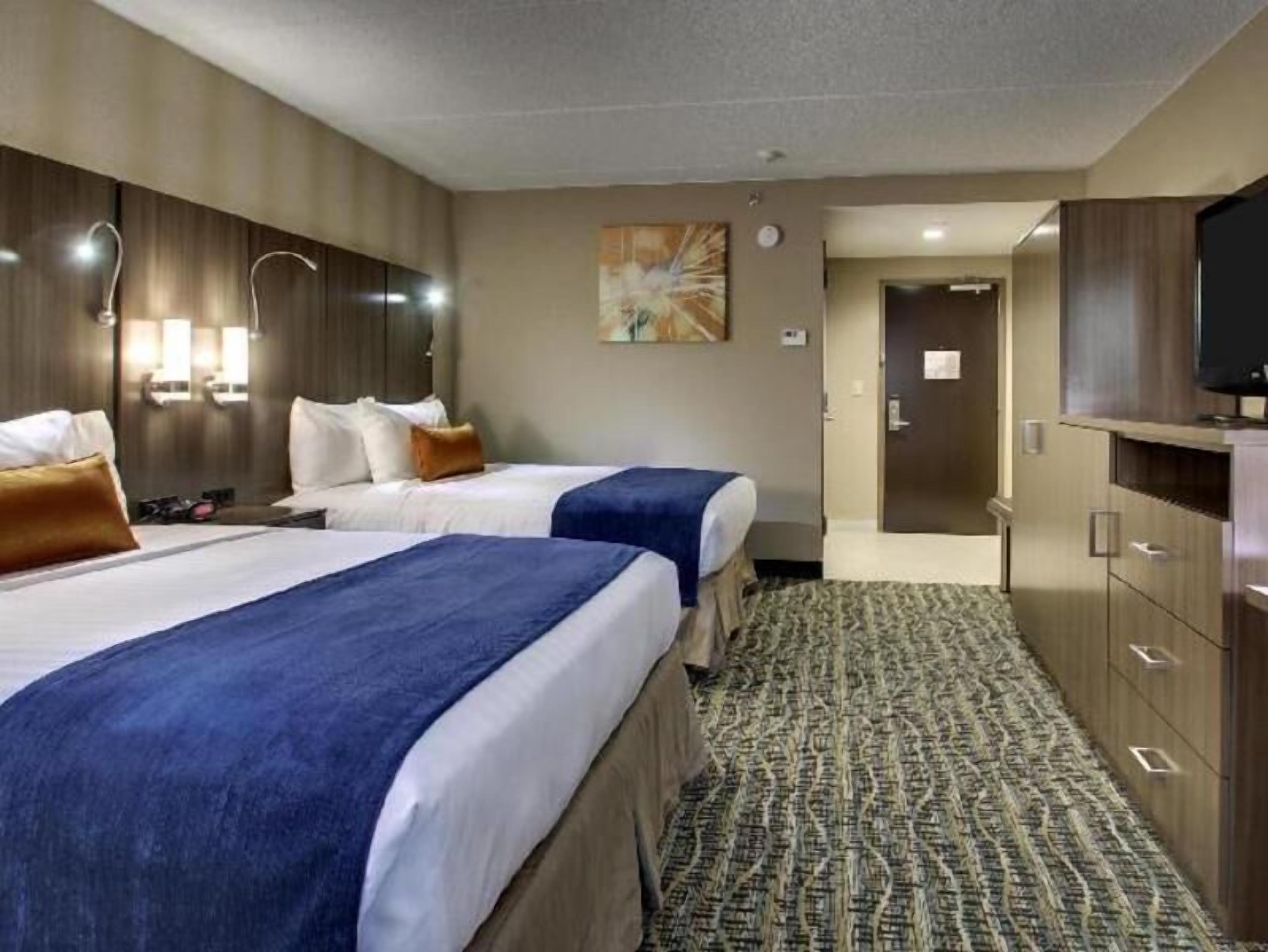 Hypo-allergenic bedding, desk, laptop workspace, blackout curtains