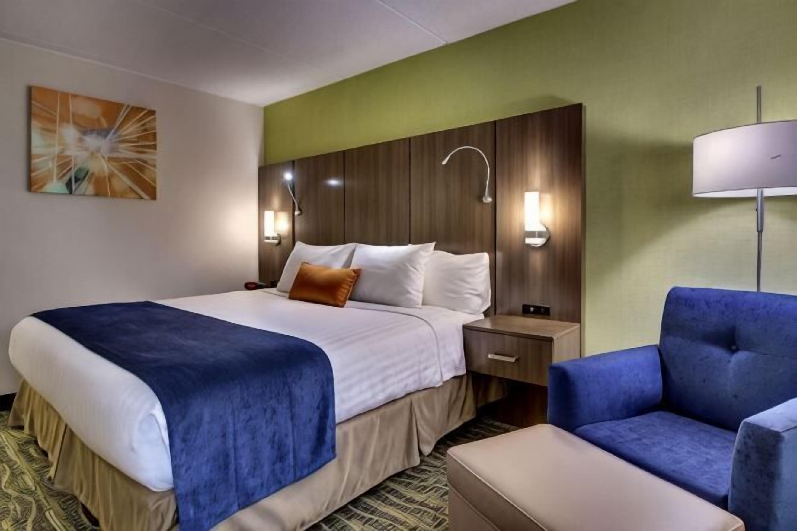 Hypo-allergenic bedding, desk, laptop workspace, blackout curtains