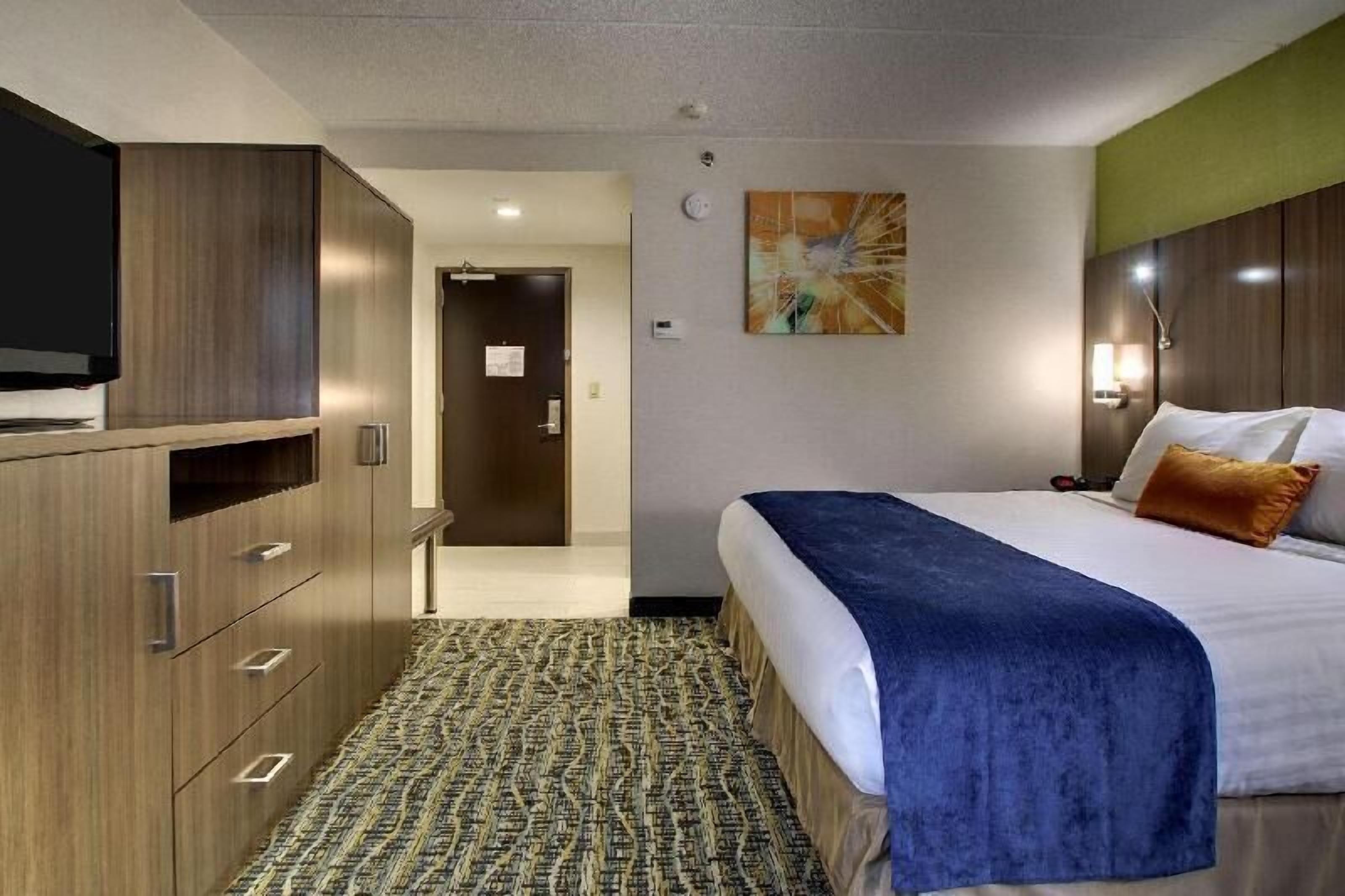 Hypo-allergenic bedding, desk, laptop workspace, blackout curtains