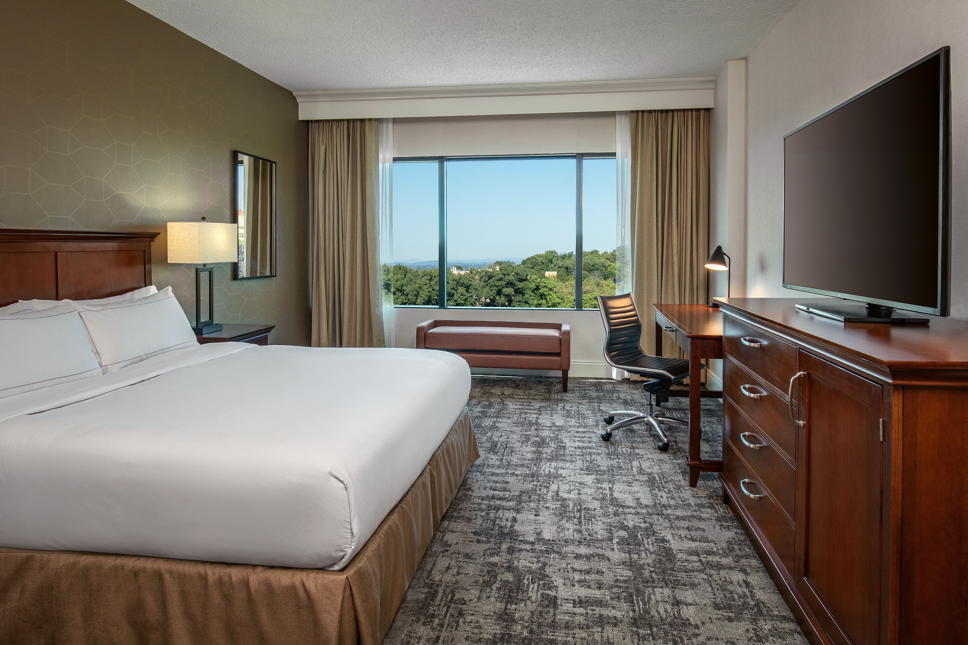 A hotel room with a large bed, a desk with a chair, a television, and a view of the outdoors.