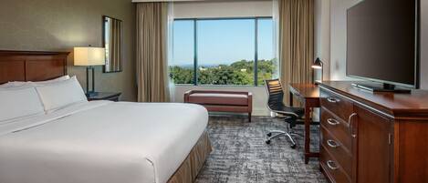 A hotel room with a large bed, a desk with a chair, a television, and a view of the outdoors.