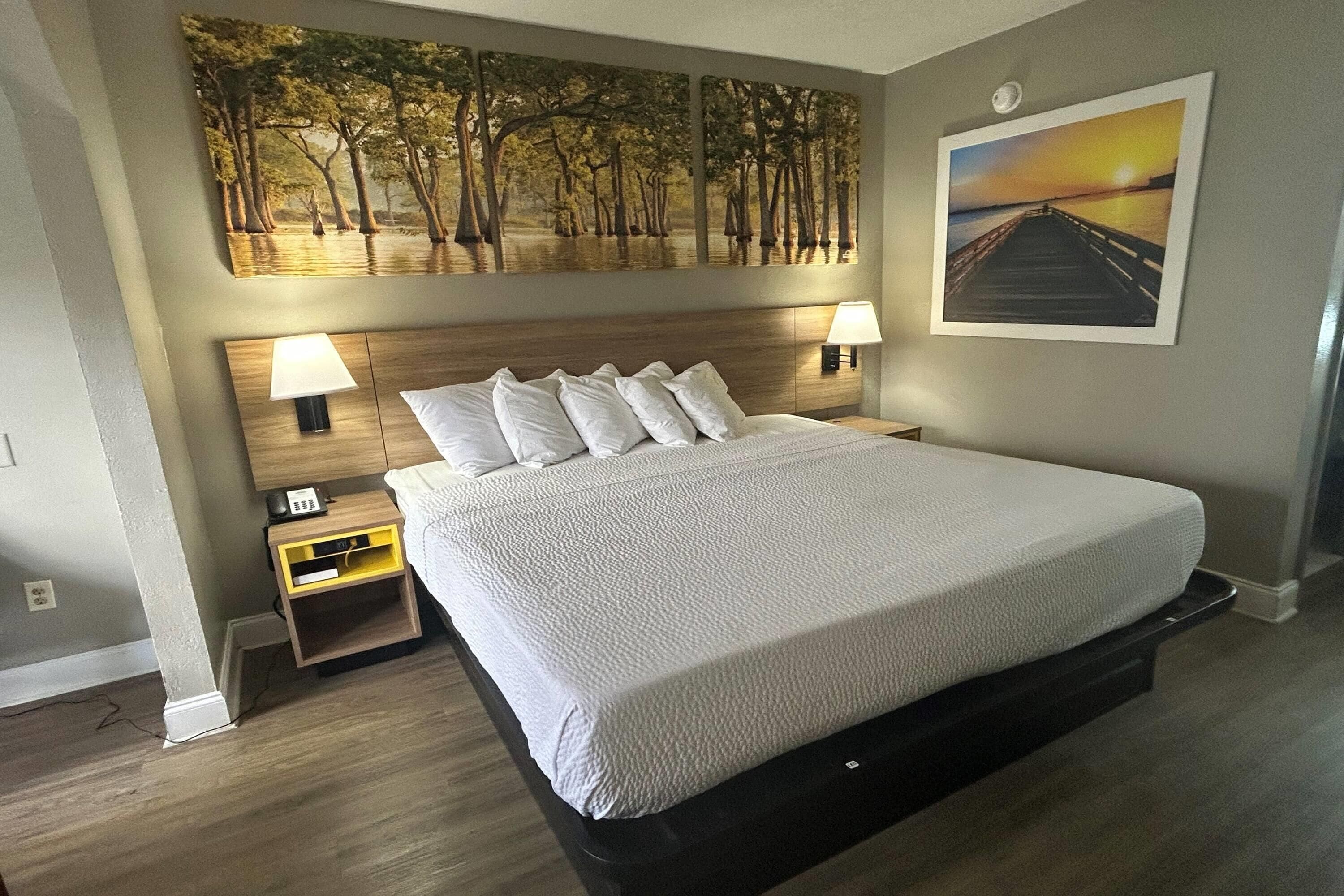 Habitación de hotel con una cama grande, dos lámparas de noche, una mesita de noche, un cuadro de un bosque y vistas al atardecer.