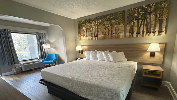 Une chambre d’hôtel avec un grand lit, deux lampes de chevet, une chaise, une fenêtre avec des rideaux et un tableau au mur.