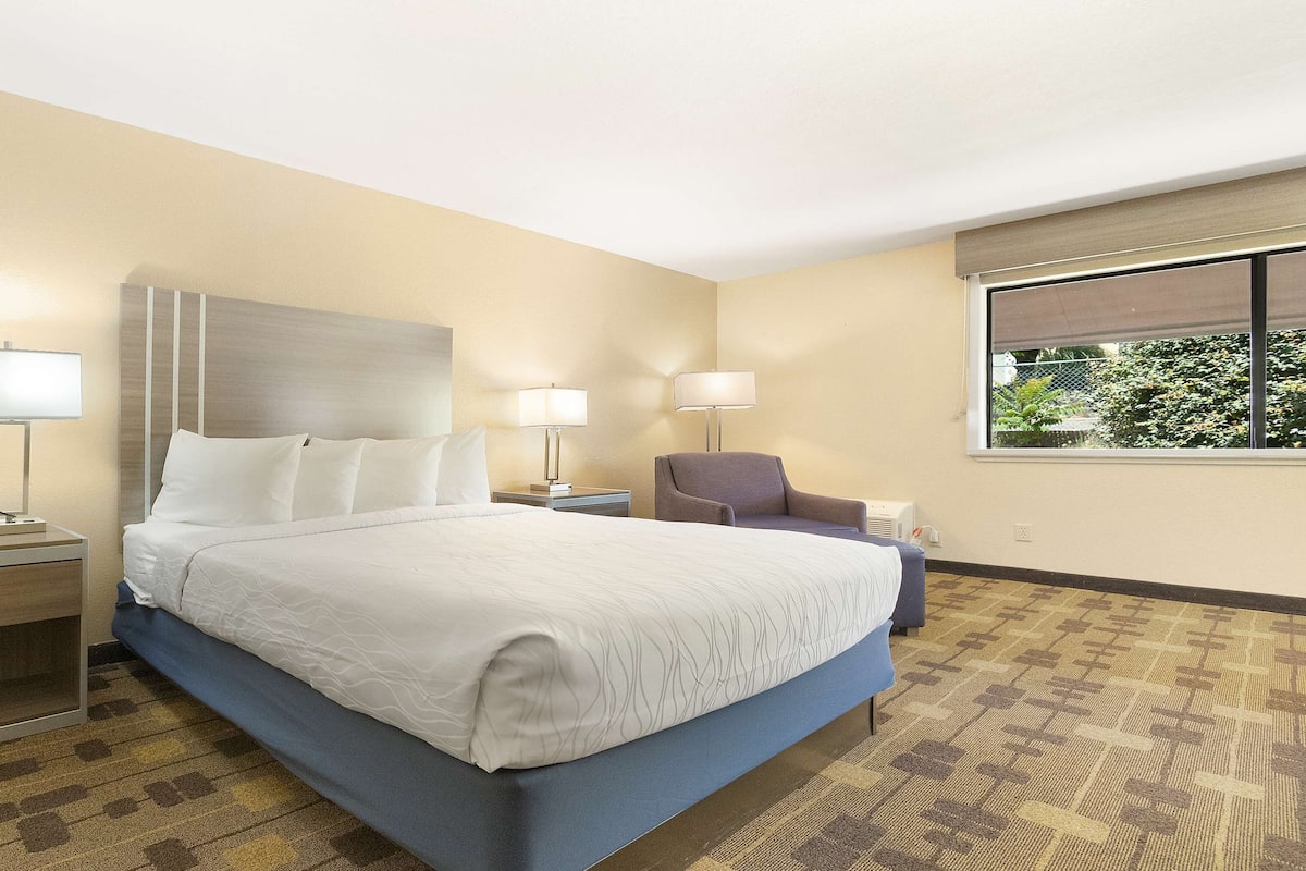 A hotel room with a bed, bedside tables, lamps, a chair, and a window with a view.