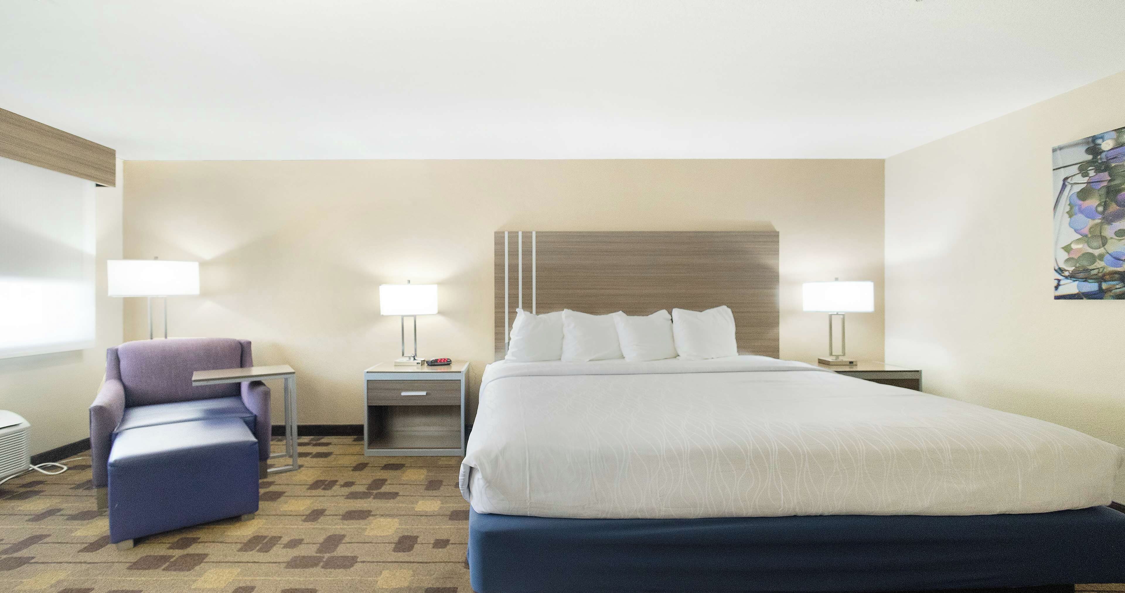 A hotel room with a large bed, two bedside tables, a chair, and a wall-mounted artwork.