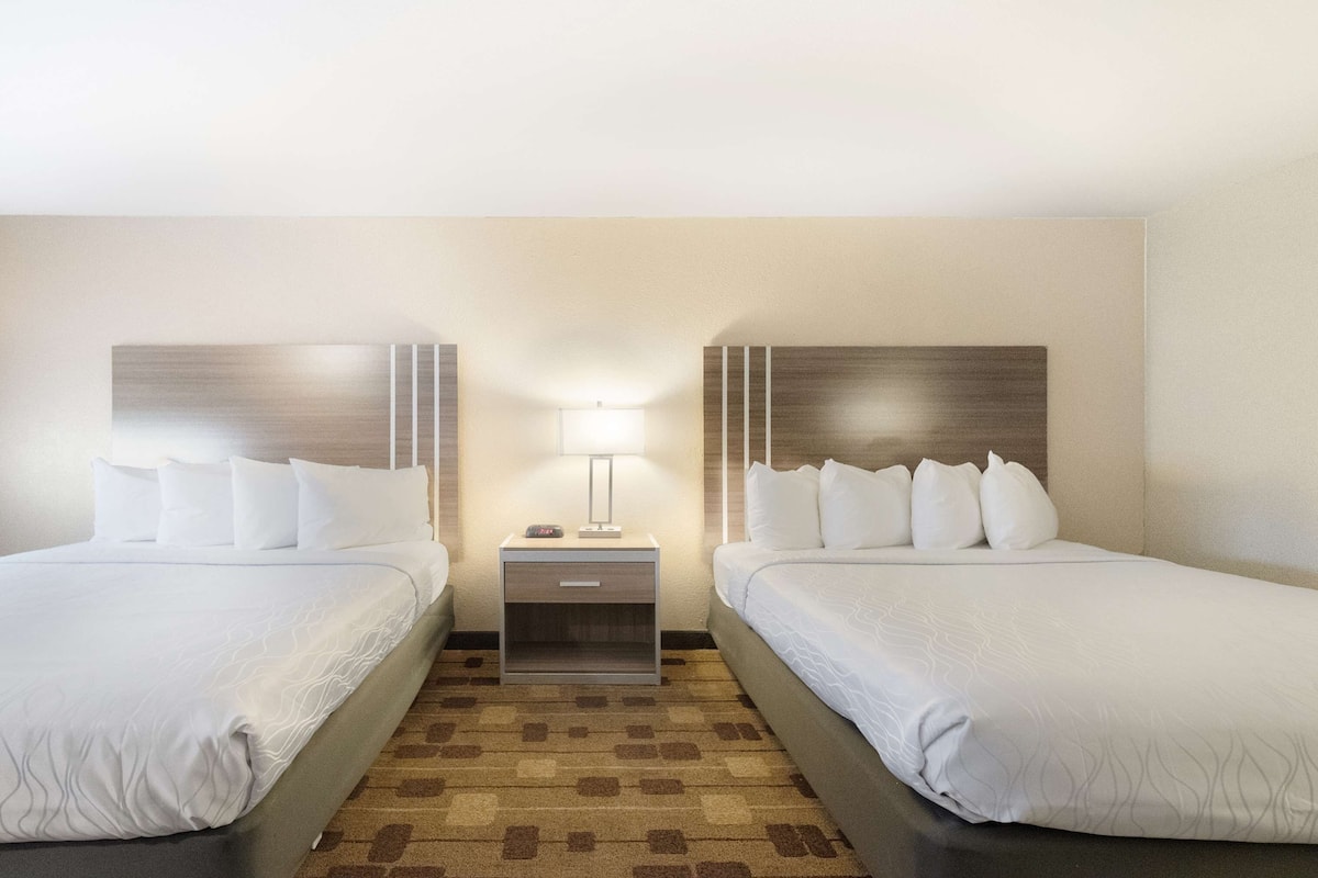 A hotel room with two single beds, a nightstand with a lamp, and a patterned carpet.