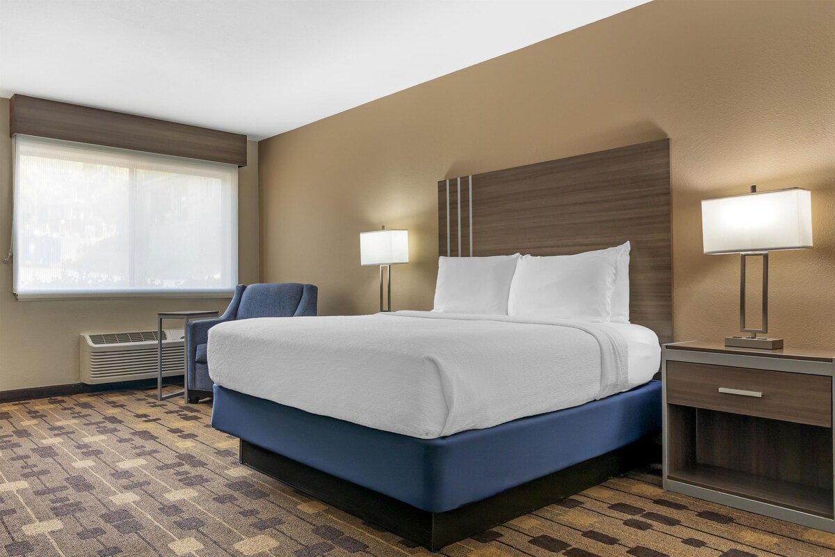 A hotel room with a bed, two bedside lamps, a chair, a desk, and a window with blinds.