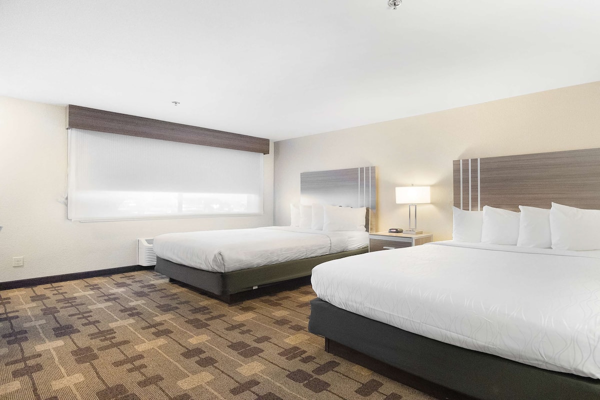 A hotel room with two beds, a large window with blinds, a bedside table with a lamp, and a patterned carpet.