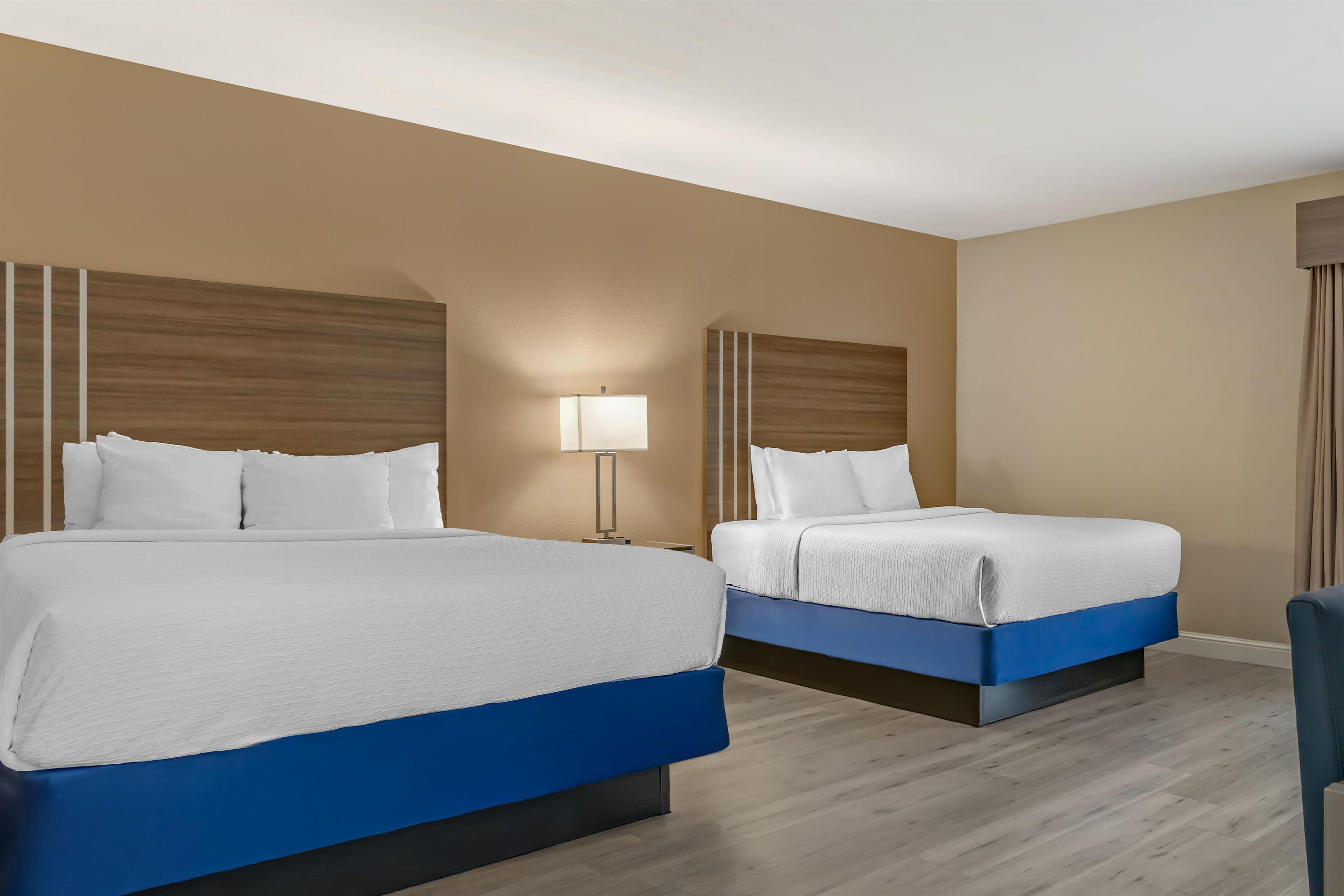 Habitació d'hotel amb dos llits, una tauleta de nit amb una làmpada i un panell de fusta al capçal.