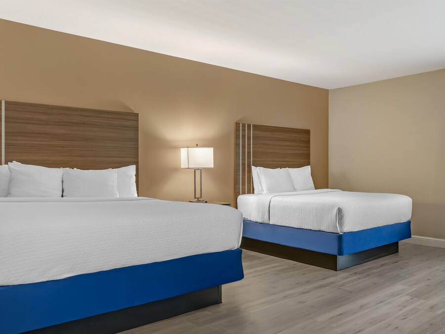 Habitació d'hotel amb dos llits, una tauleta de nit amb una làmpada i un panell de fusta al capçal.