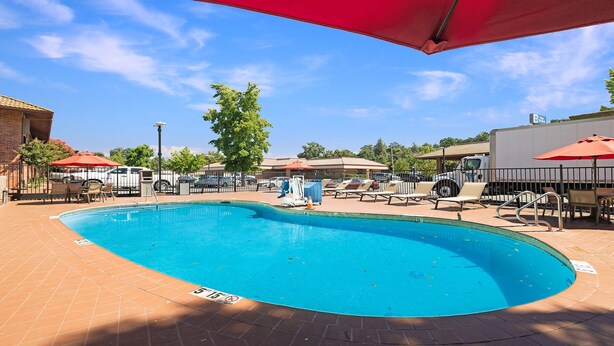 Une piscine entourée de chaises longues et de parasols, elle-même bordée d’une terrasse en briques et d’une clôture.