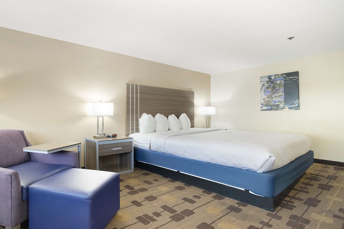 A hotel room with a bed, a desk, a chair, and a nightstand.