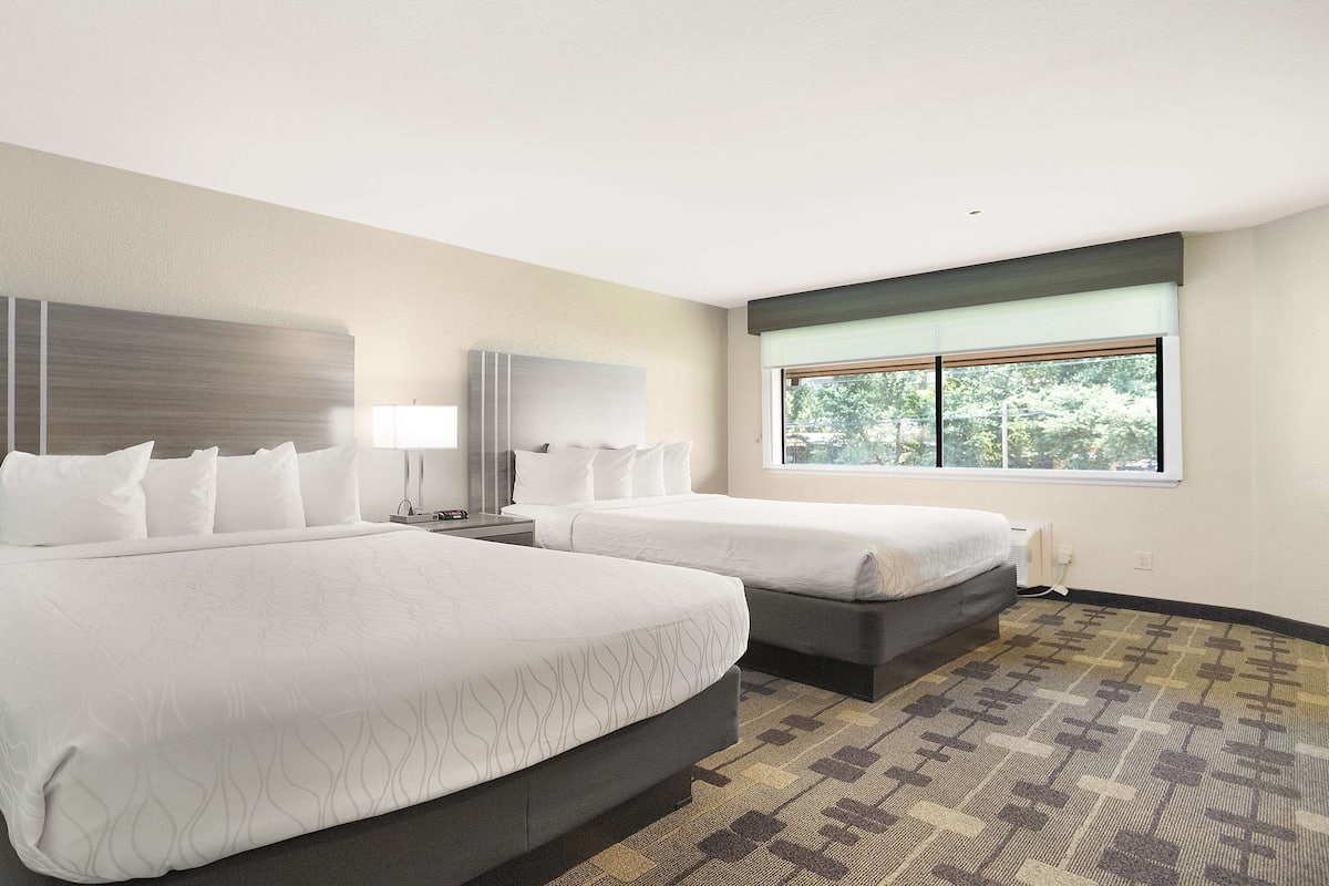 A hotel room with two beds, a large window, and a patterned carpet.