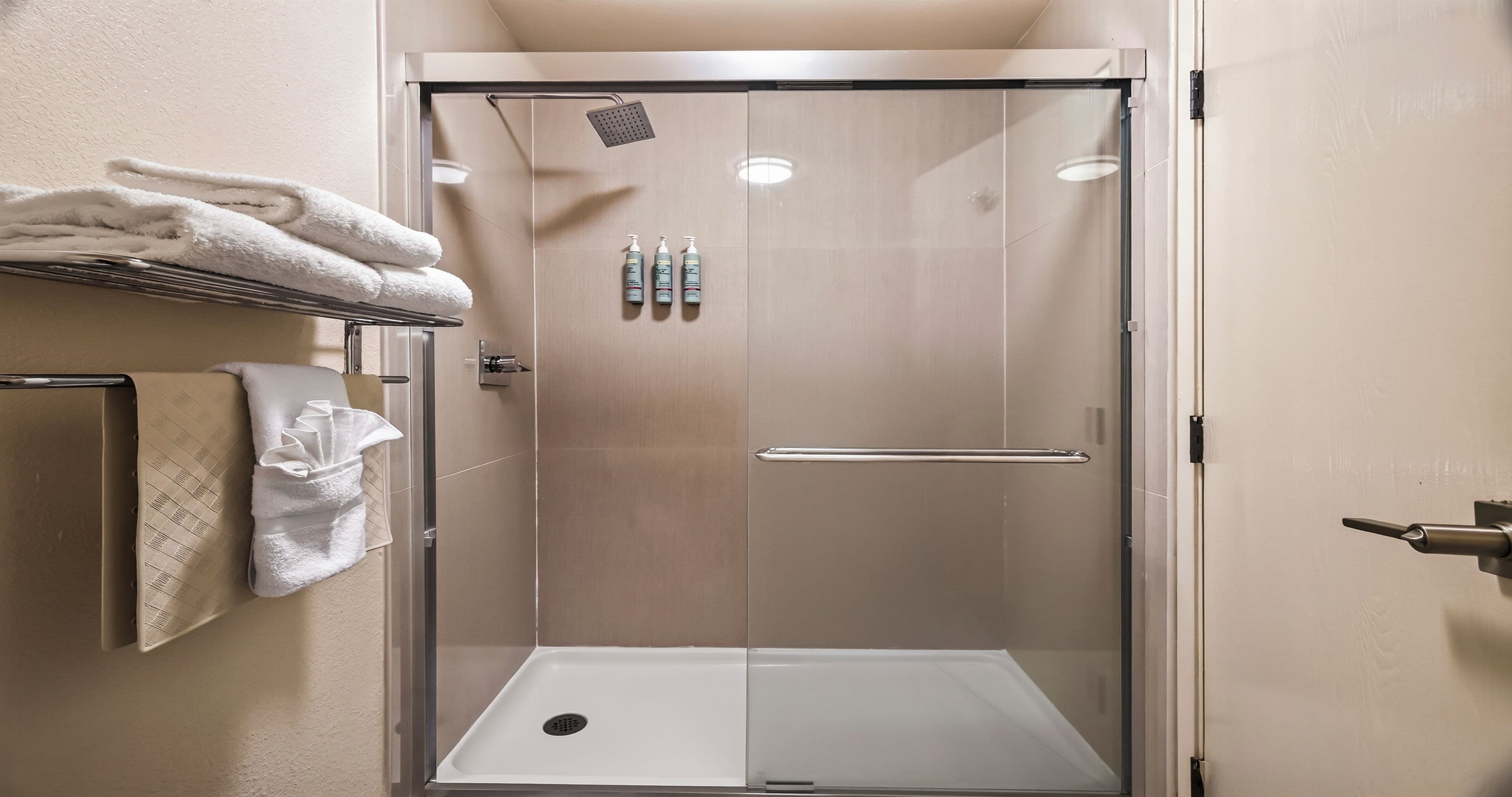 A walk-in shower with a glass door, a towel rack with folded towels, and three bottles of shampoo on the wall.