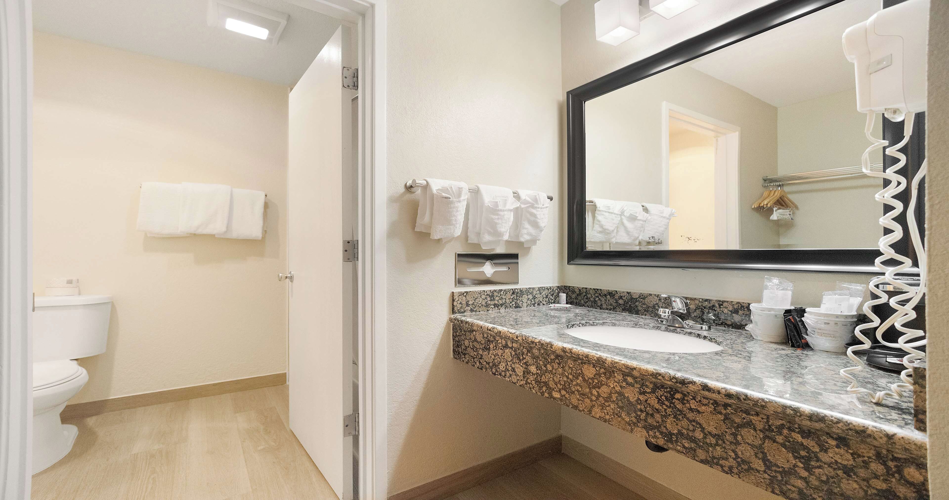 A bathroom with a white toilet, a sink with a granite countertop, and a mirror with a hairdryer.